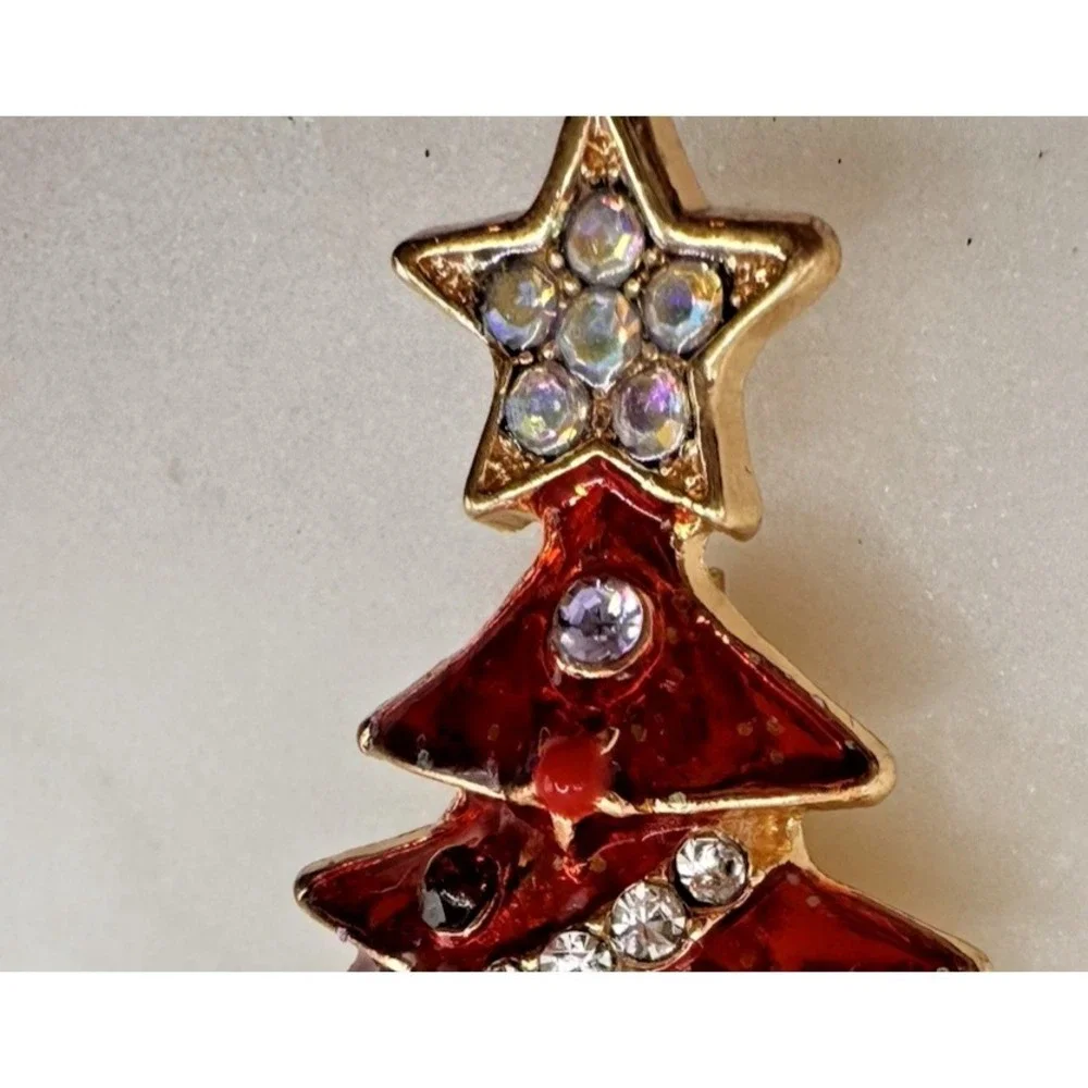 Vintage Christmas Tree Brooch Rhinestone Enamel Holiday Pin‎ Red Gold Tone Star